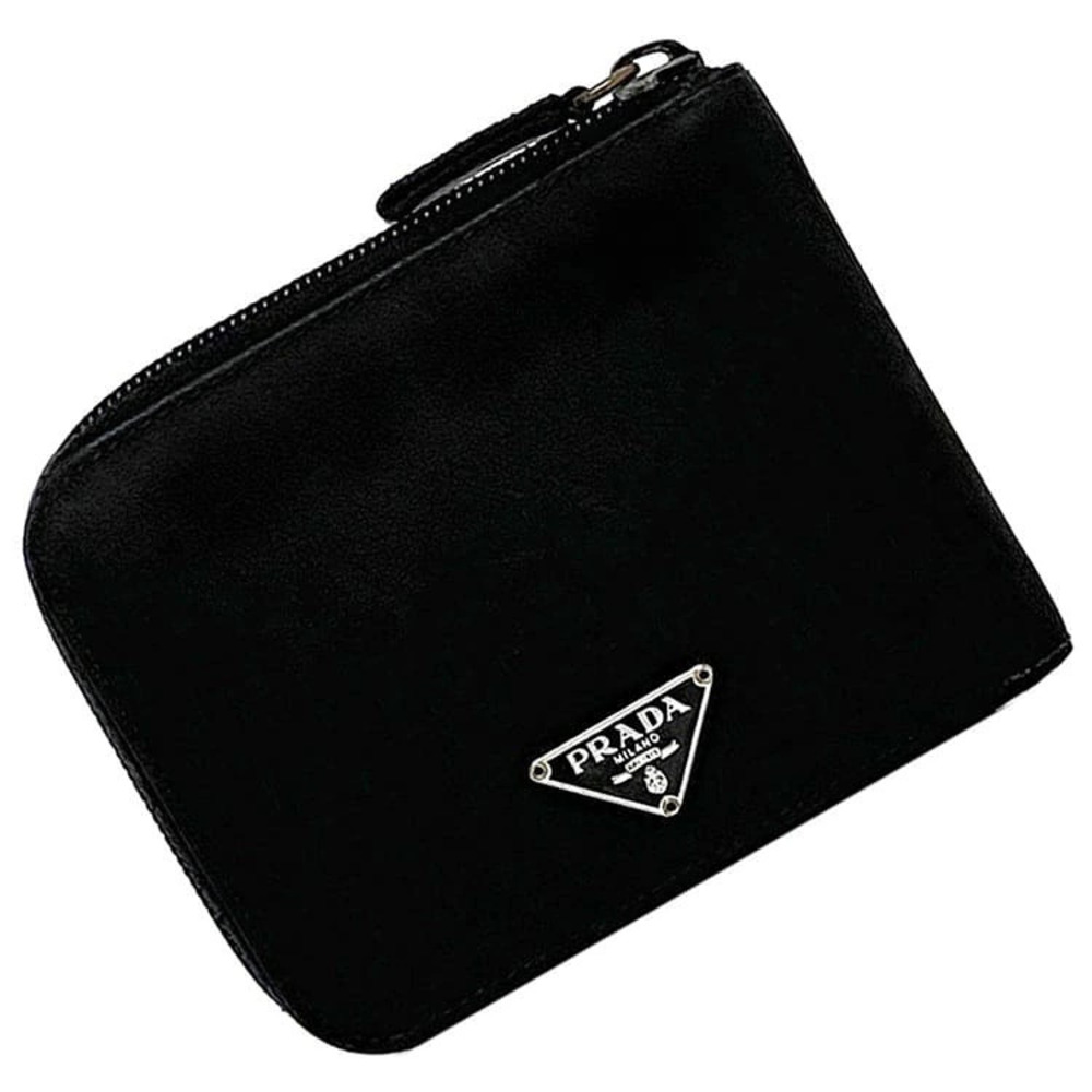 Prada Bi fold Wallet Black Nero Black Tessuto Compact Leather Triangle Plate